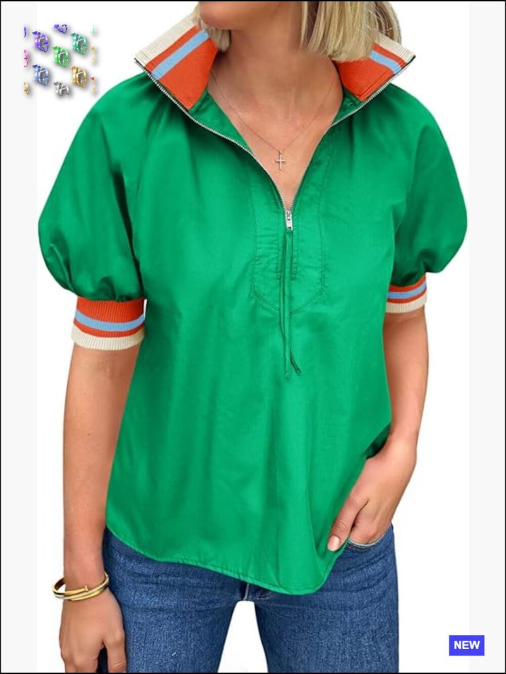Puff Sleeve Blouse Half Zip V Neck Color Block Pullover Summer Casual Loose Fit